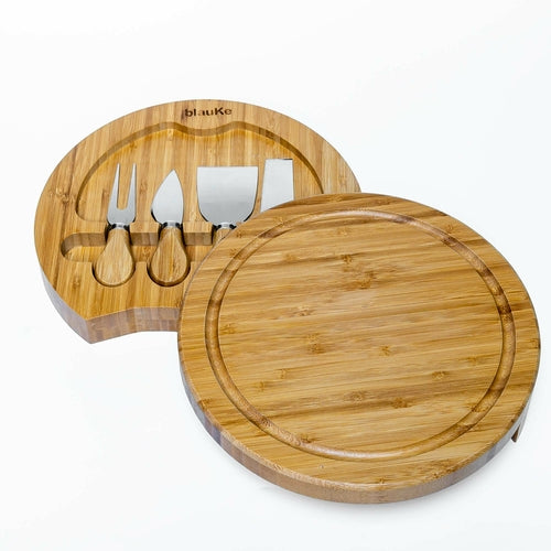 Bamboo Cheese Board and Knife Set - 10 Inch Swiveling Charcuterie
