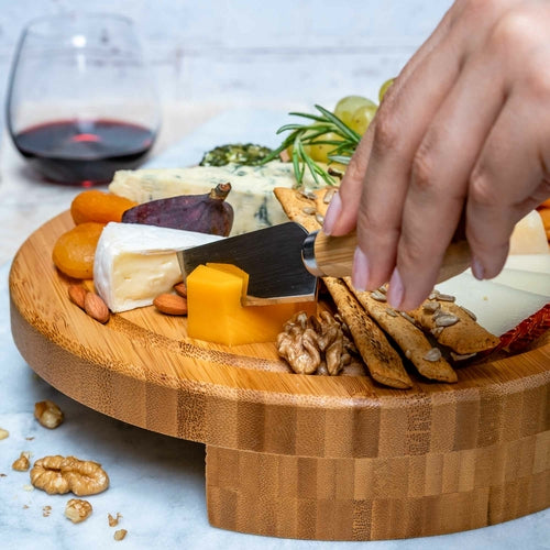 Bamboo Cheese Board and Knife Set - 10 Inch Swiveling Charcuterie
